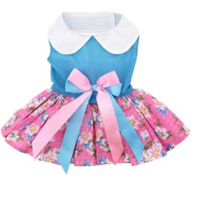 Dog Harness Dresses Pink and Blue Plumeria